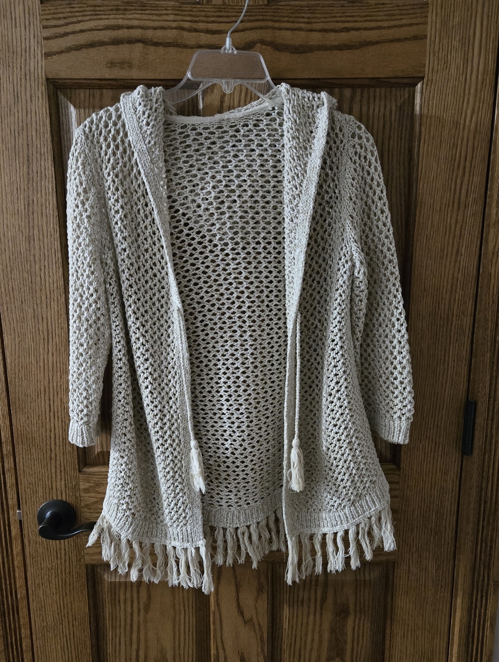 Hooded Open-Knit Fringe Cardigan Sweater in Cream